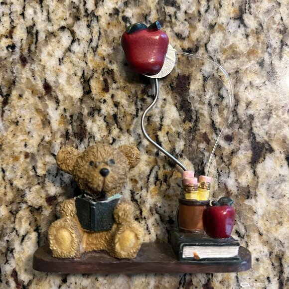 Teacher Apple Teddy Bear Figurine Photo Holder School Books Resin Vintage Style - Picture 1 of 2